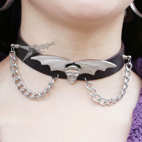 SKULL BAT WING CHAIN PU LEATHER CHOCKER