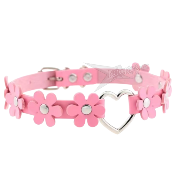 PINK LEATHER HEART FLOWERS CHOCKER NECKLACE