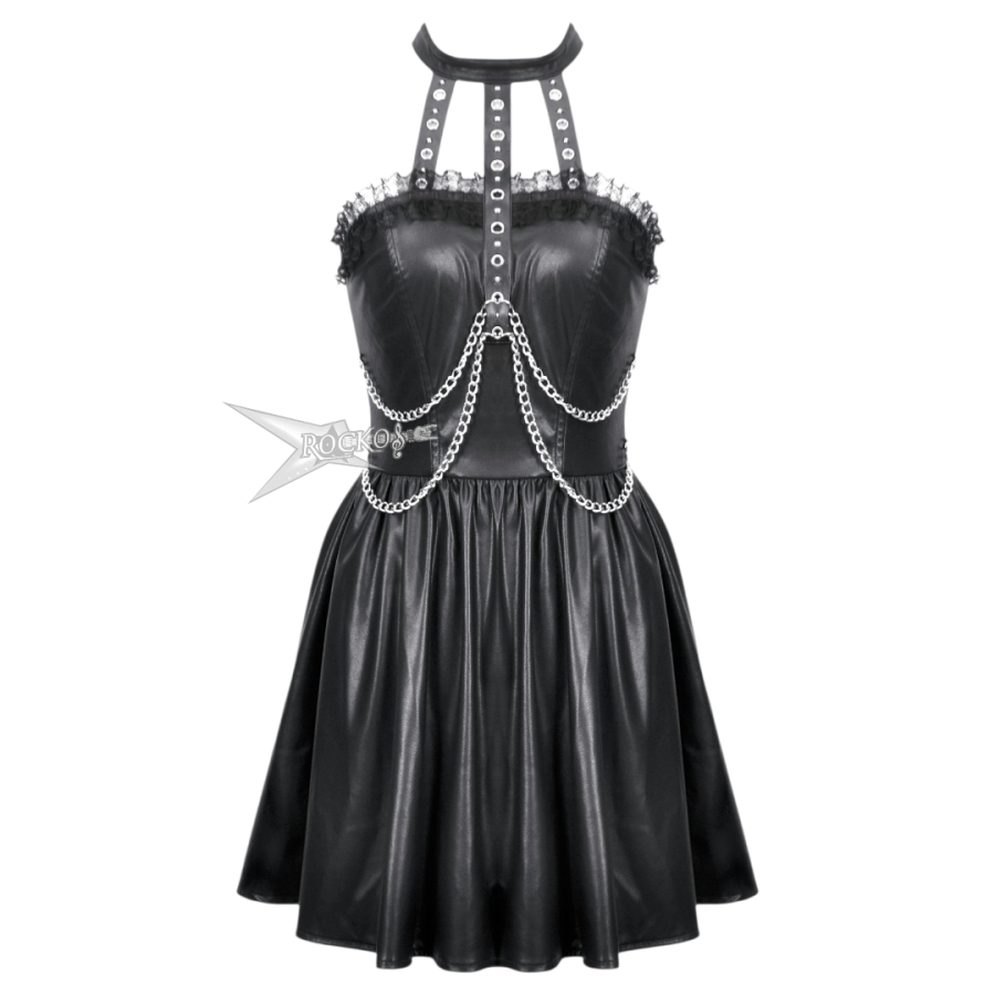 Halter Eyelet Strap Leather Dress - Rockos Online Store