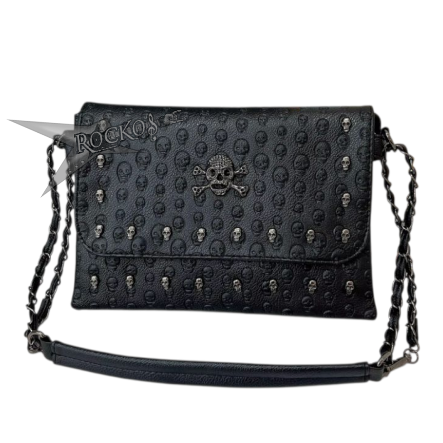 BLACK LEATHER SKULL RIVET PURSE