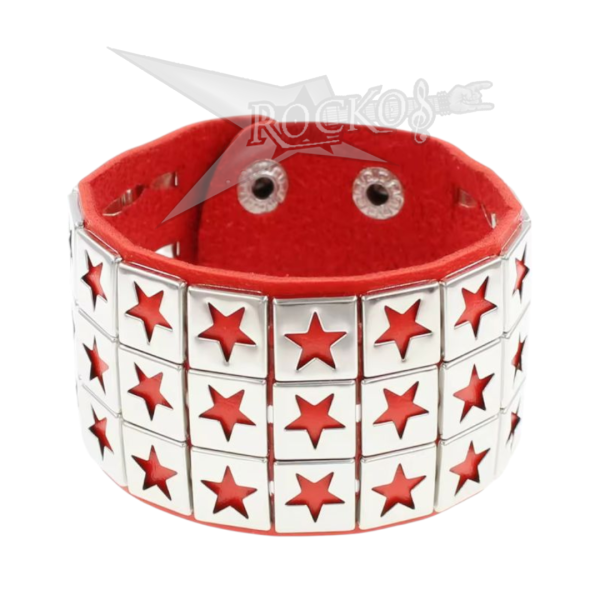 RED BRACELET 3-ROW STAR RIVETS