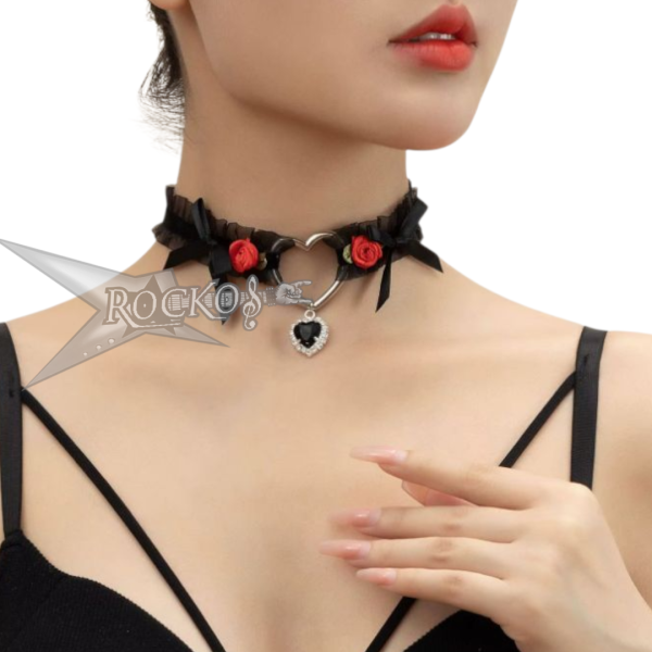 LACE CHOKER NECKLACE FLOWER & RHINESTONE HEART PENDENT