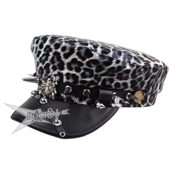 PU LEATHER - BLACK AND WHITE LEOPARD BERET W/SPIDER