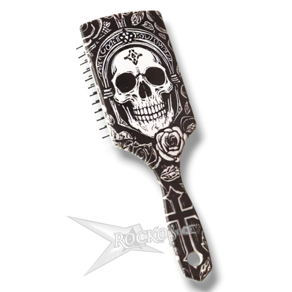 HAIR BRUSH - BLACK AND WHITE SKULL W/ROSES