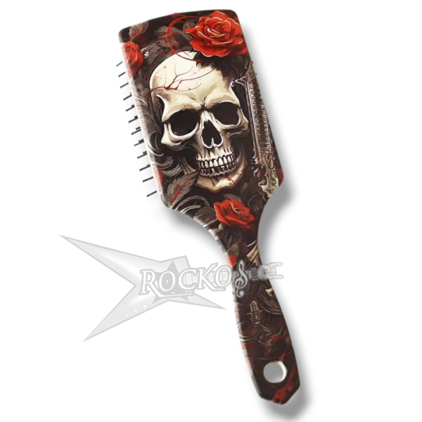 HAIR BRUSH - RED ROSES W/SKULL