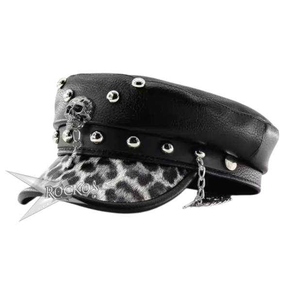 PU LEATHER BERET - BLACK AND WHITE LEAOPARD W/SKULL