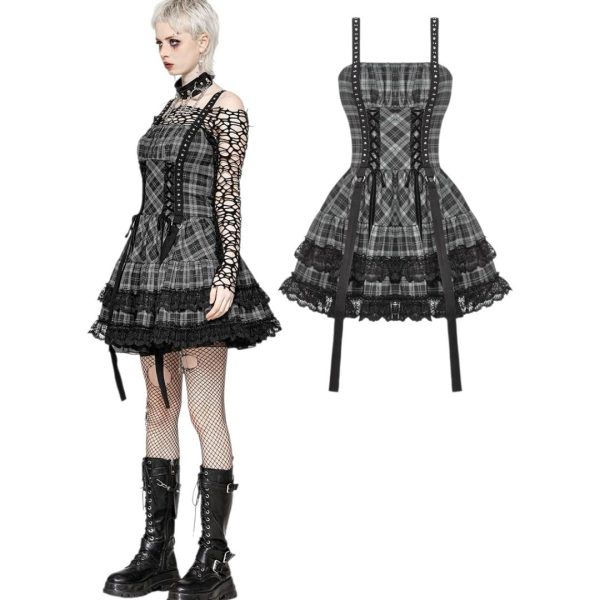 GREY PLAID METAL STUDDED DRESS (DARK IN LOVE)