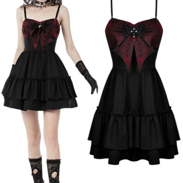 GOTHIC SPIDER BOW FRILLY STRAP DRESS (DARK IN LOVE)