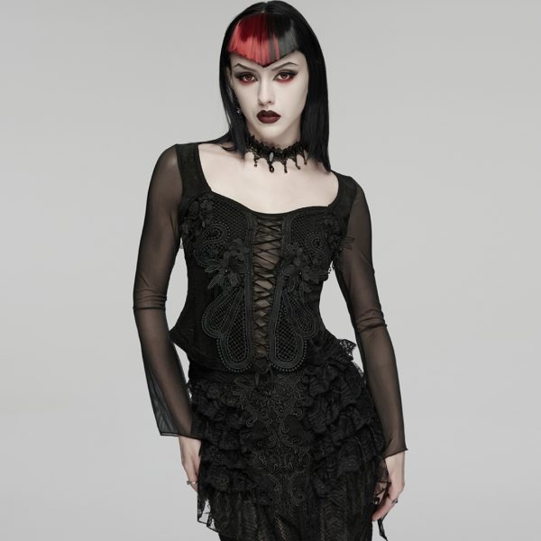MESH SLEEVES GOTH EMBROIDERY T-SHIRT (Punk Rave)