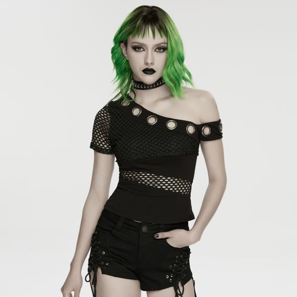 EDGY ASYMMETRICAL FISHNET PUNK SHIRT GROMMET DETAIL BLACK TOP (Punk Rave)