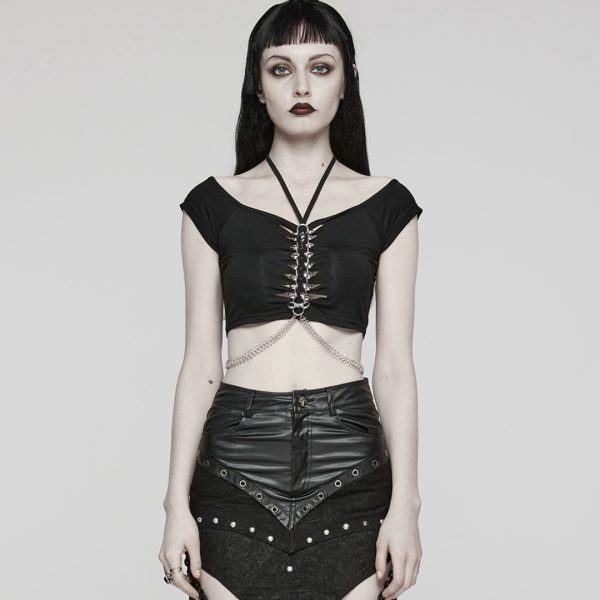 Edgy Gothic Chain Halter Punk T-Shirt Cropped Top (Punk Rave)