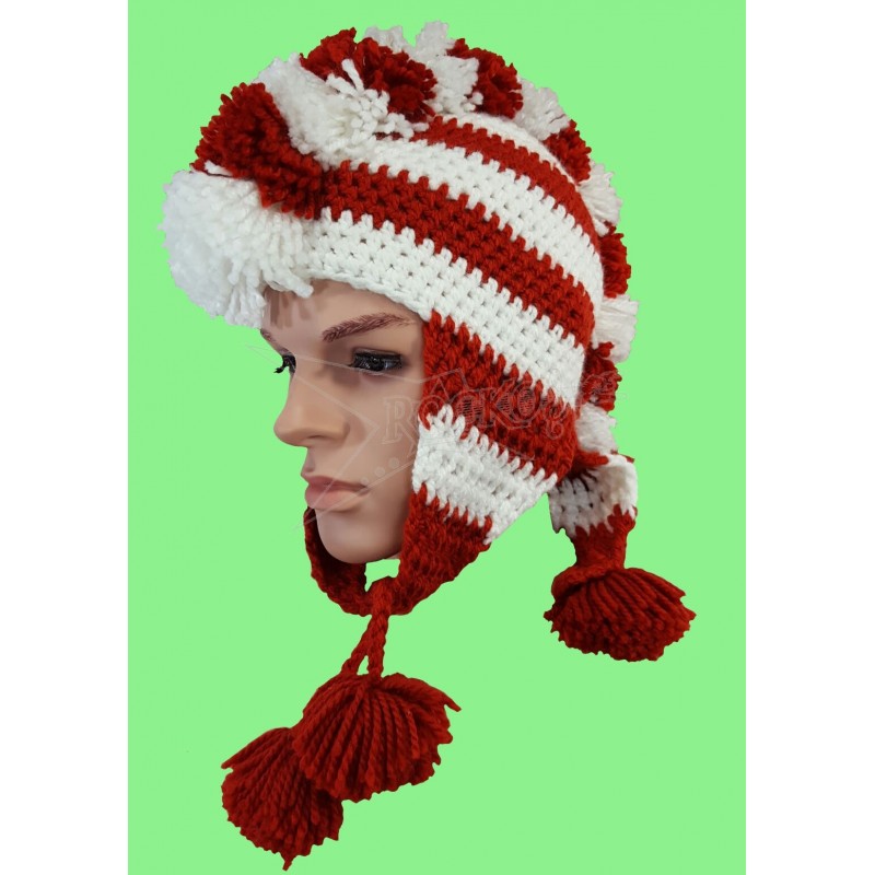 Knitted Red & White Beanie W/Mohawk