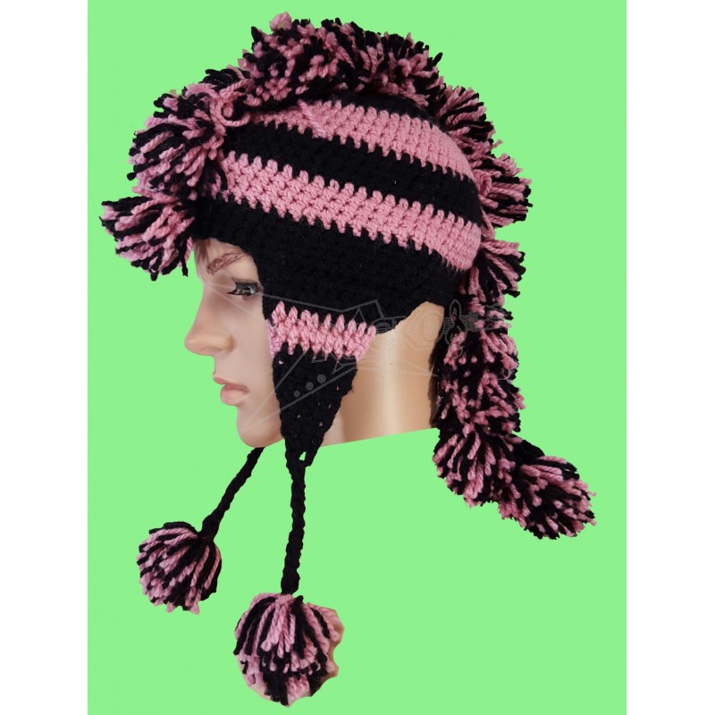 Knitted Pink & Black Beanie W/Mohawk