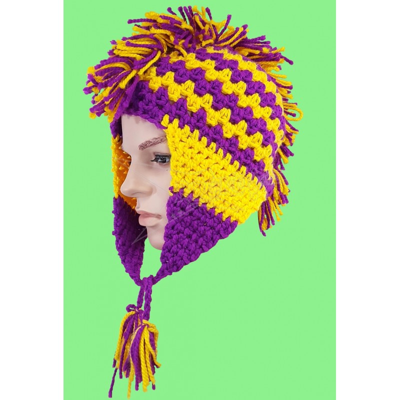 Knitted Purple & Yelow Beanie W/Mohawk