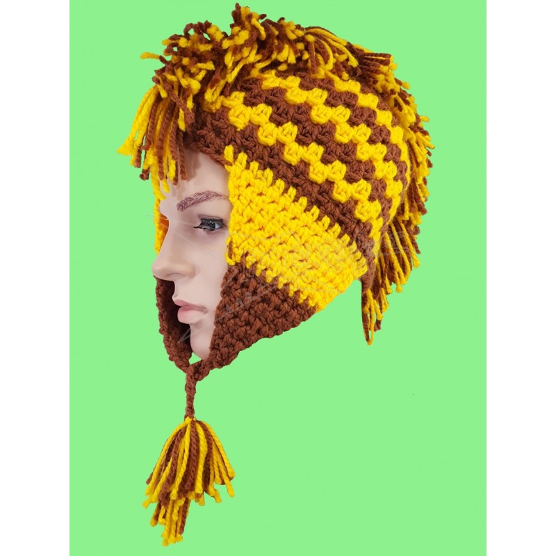Knitted Brown & Yellow Beanie W/Mohawk